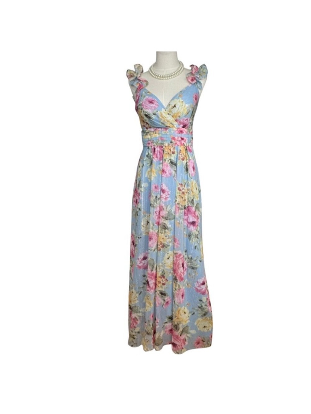 Jessica Howard Maxi Ruffled Shoulder Floral Dress in  Blue & Pink. SZ: 4/P